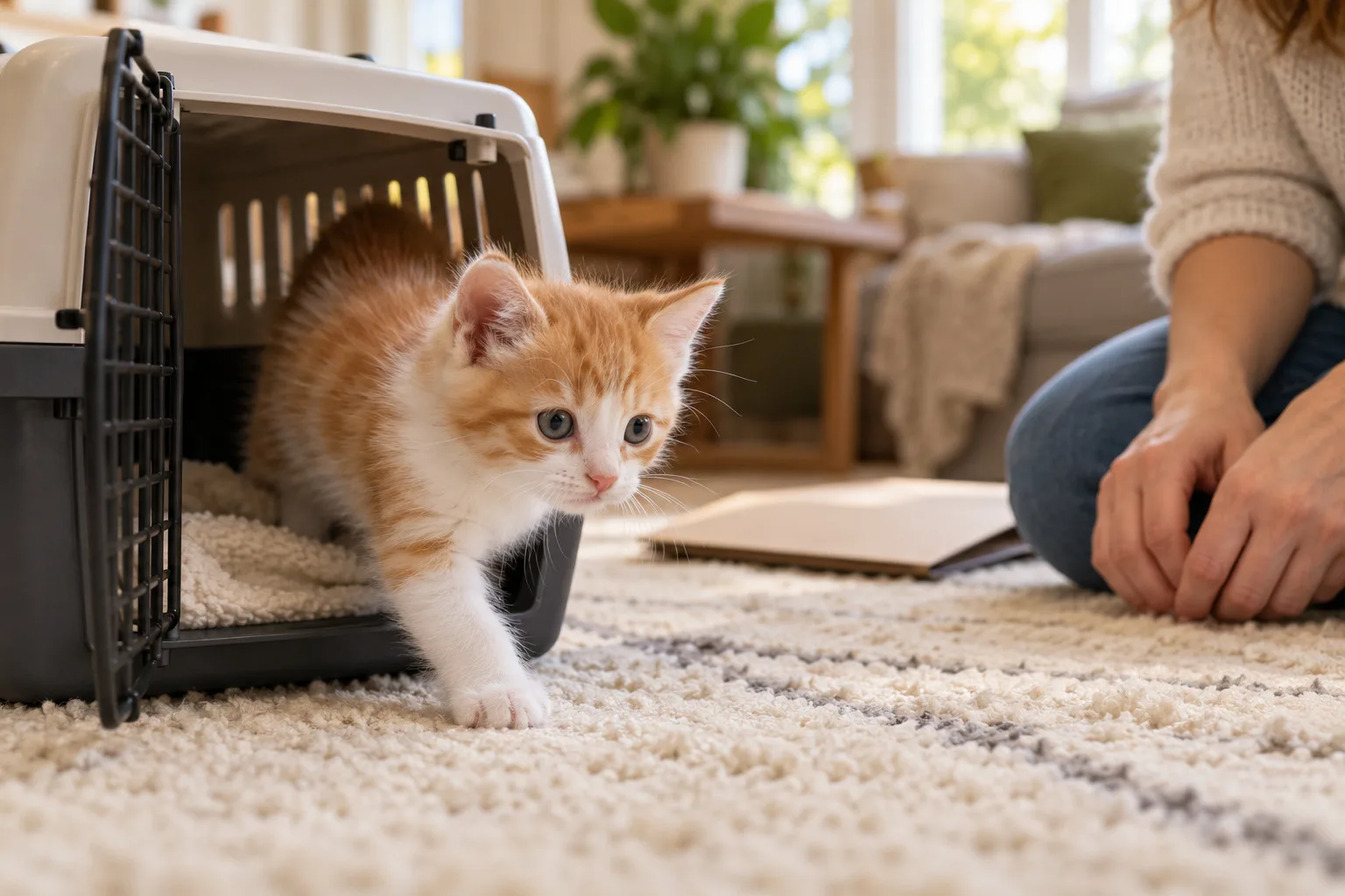 Young orange-and-white kitten stepping out of an open carrier onto a rug